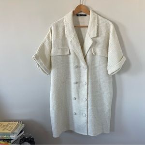 Zara White Textured Double Breasted Collared Shirt Dress | Sz  Medium